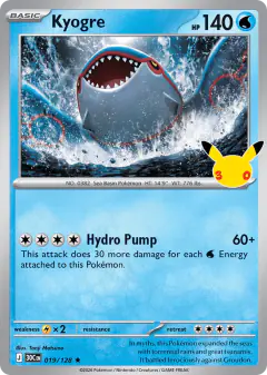 Kyogre 019/128 Rare card from 30th Celebration