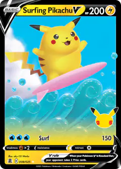 Surfing Pikachu V 8/25 Rare Holo V card from Celebrations