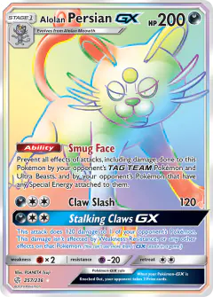 Alolan Persian-GX 257/236 Rare Rainbow card from Cosmic Eclipse