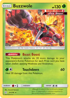 Buzzwole 21/236 Rare Holo card from Cosmic Eclipse
