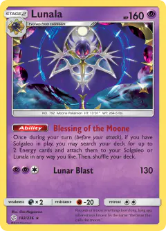 Lunala 102/236 Rare Holo card from Cosmic Eclipse