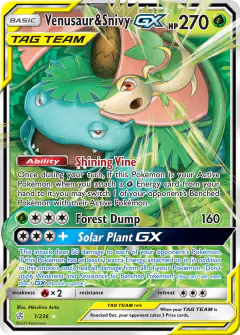 Venusaur & Snivy-GX 1/236 Rare Holo GX card from Cosmic Eclipse