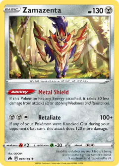 Zamazenta 097/159 Rare Holo card from Crown Zenith