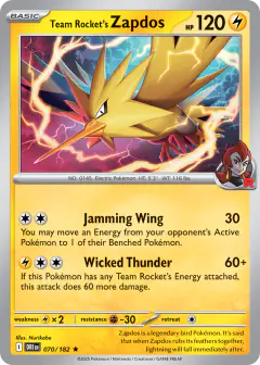 Team Rocket's Zapdos 070/182 Rare card from Destined Rivals
