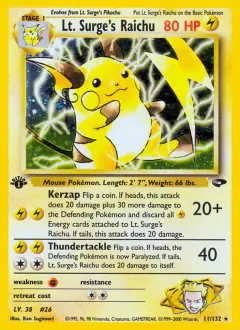 Lt. Surge's Raichu 11/132 Rare Holo card from Gym Challenge