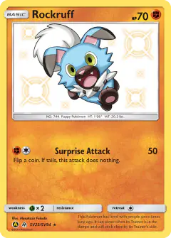 Rockruff SV23/SV94 Rare Shiny card from Hidden Fates
