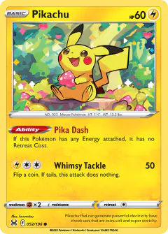 Pikachu 052/196 Common card from Lost Origin