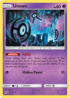 Unown 91/214 Rare card from Lost Thunder