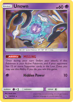 Unown 92/214 Rare card from Lost Thunder