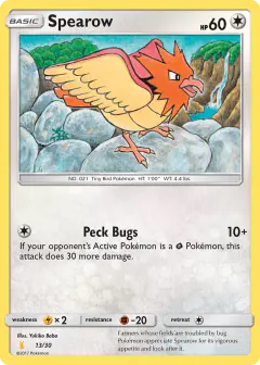 Spearow 13/30 Common card from SM Trainer Kit Alolan Raichu