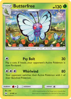 Butterfree 3/149 Rare card from Sun & Moon Base