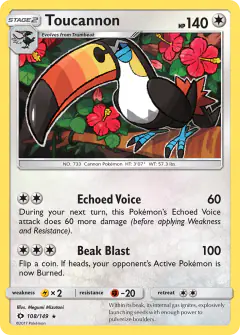 Toucannon 108/149 Rare card from Sun & Moon Base