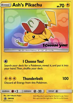 Ash's Pikachu SM108 Promo card from Sun & Moon Black Star Promos