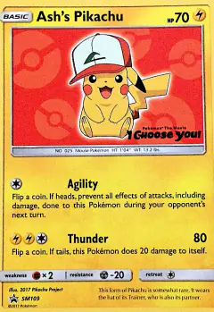 Ash's Pikachu SM109 Promo card from Sun & Moon Black Star Promos