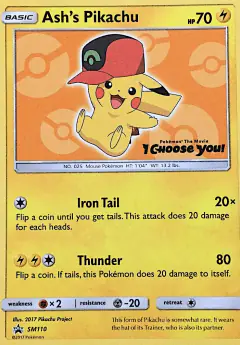 Ash's Pikachu SM110 Promo card from Sun & Moon Black Star Promos