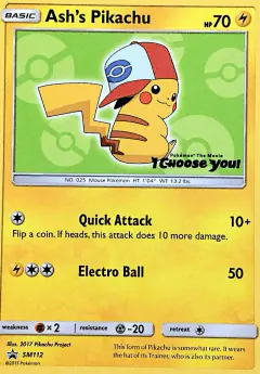 Ash's Pikachu SM112 Promo card from Sun & Moon Black Star Promos