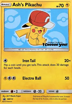 Ash's Pikachu SM113 Promo card from Sun & Moon Black Star Promos