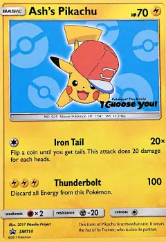 Ash's Pikachu SM114 Promo card from Sun & Moon Black Star Promos
