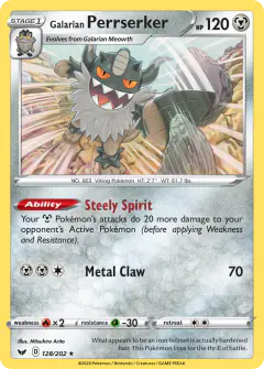 Galarian Perrserker 128/202 Rare Holo card from Sword & Shield Base