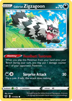 Galarian Zigzagoon 117/202 Common card from Sword & Shield Base