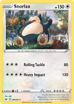 Snorlax 140/202 Rare card from Sword & Shield Base