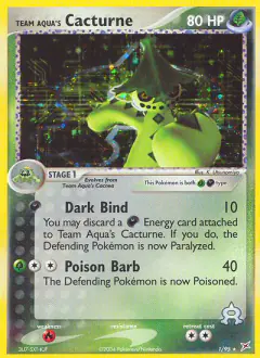 Team Aqua's Cacturne 1/95 Rare Holo card from Team Magma vs Team Aqua