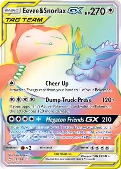 Eevee & Snorlax-GX 191/181 Rare Rainbow card from Team Up