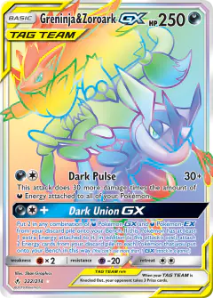 Greninja & Zoroark-GX 222/214 Rare Rainbow card from Unbroken Bonds
