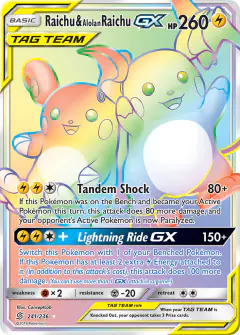 Raichu & Alolan Raichu-GX 241/236 Rare Rainbow card from Unified Minds