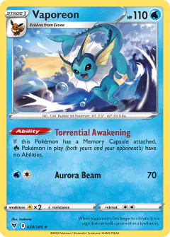 Vaporeon 030/185 Rare card from Vivid Voltage
